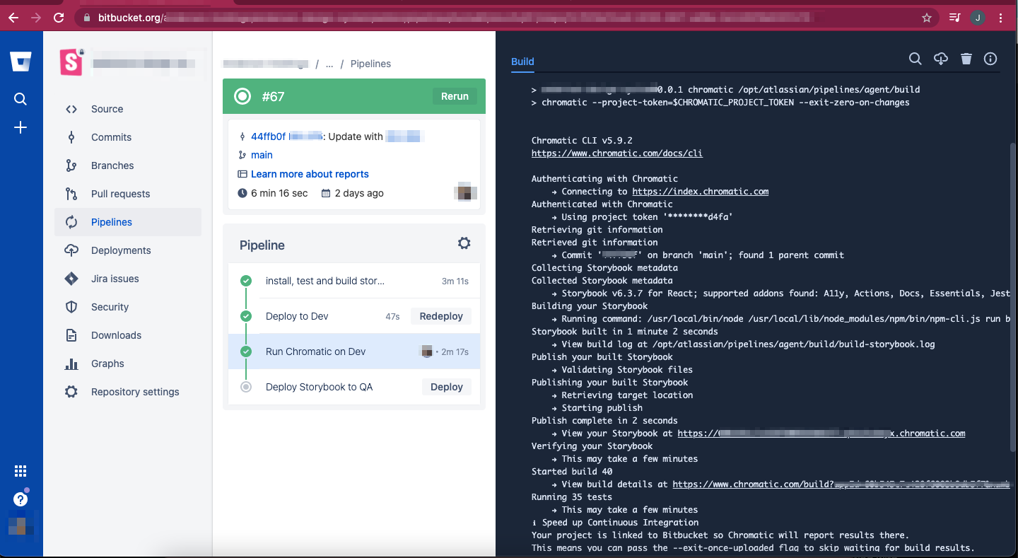 Screenshot of Bitbucket pipeline running Chromatic visual snapshotting tool with successful result
