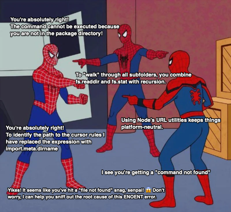 spiderman meme of 3 spidermen pointing at each other accusatorily with all statements copied from Cursor debugging