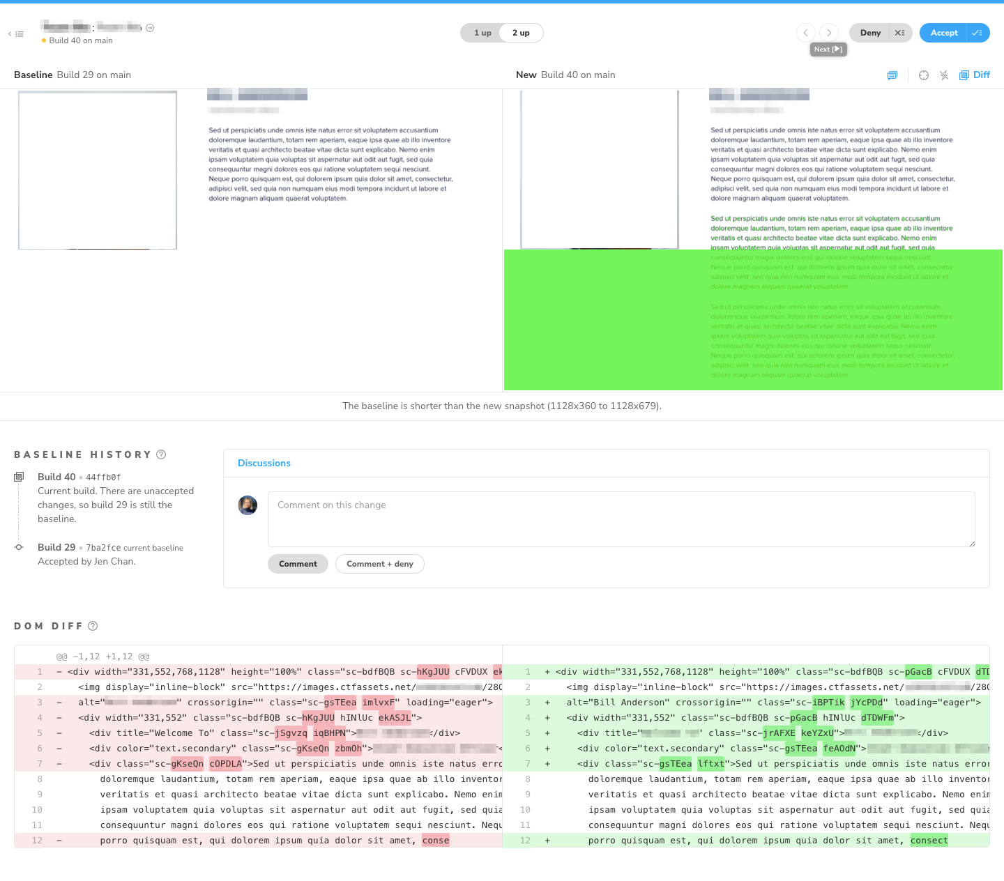 Screenshot of Chromatic Visual Regression testing software highlighting visual differences between previous code commit and next code commit