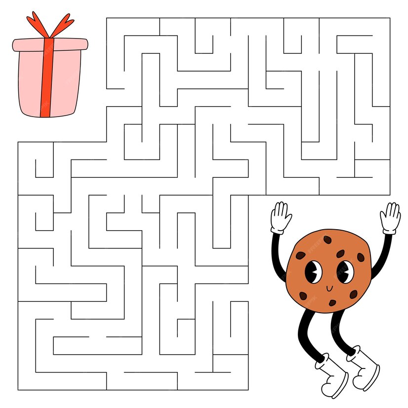 Maze game for kids cute groovy cookie with pieces of chocolate looking for a way to the gift box 